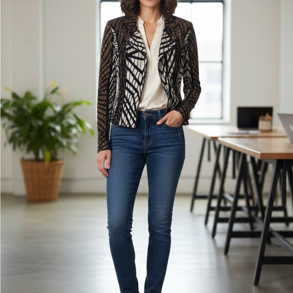 BCBGMaxAzria Black and Cream 70% Silk and 30% Cotton Knit Top - Picture 2 of 5